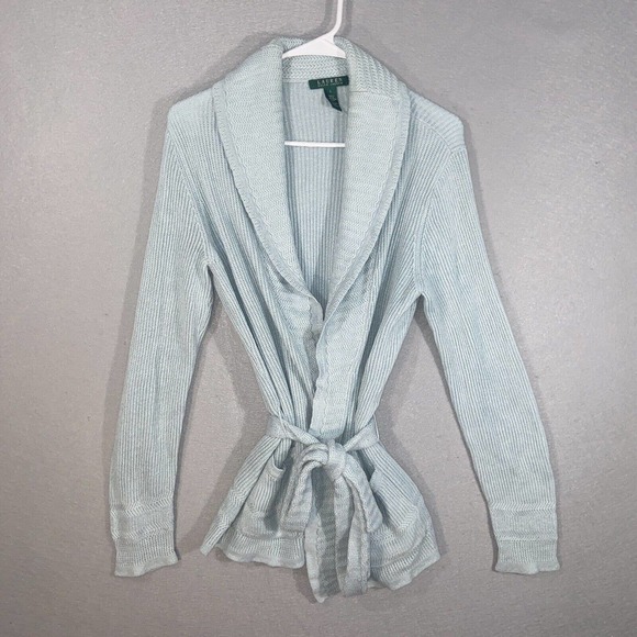 Lauren Ralph Lauren Cardigan Womens Large Blue Linen Blend Long Sleeve Collared - Picture 1 of 14